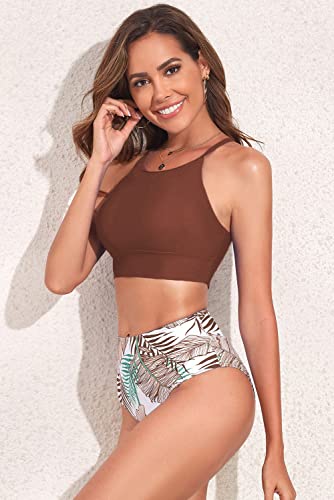 PRODUCTO 19 Conjuntos de bikini Herseas para mujer, parte superior de cuello alto, parte inferior de bikini con estampado floral, trajes de baño de dos piezas de talle alto, lindos trajes de baño  con control de barriga, color rojo ladrillo, talla pequeña