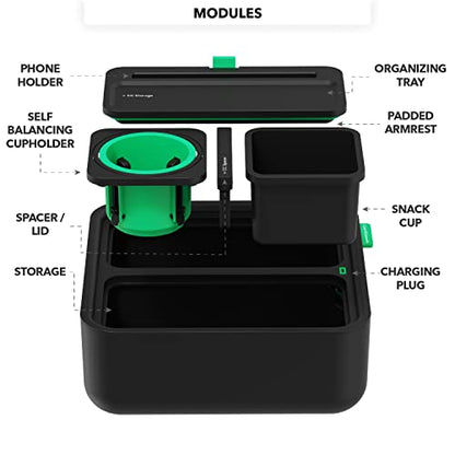 CouchConsole Bandeja original - Sofá Caddy para bebidas y refrigerios con reposabrazos, mesa con soporte para teléfono - Almacenamiento y organizador de control remoto de TV - para salas de estar, vehículos recreativos y automóviles, negro/verde