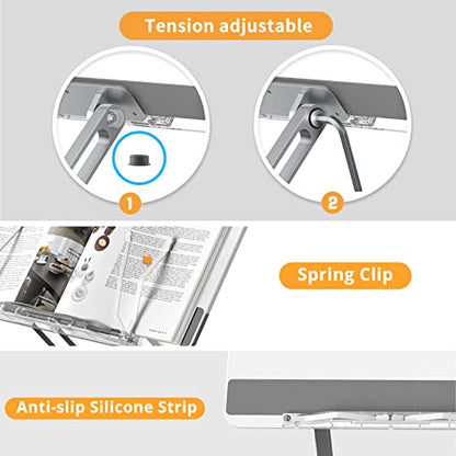 SupeDesk Soporte para libros de acrílico, soporte para exhibición de libros, soporte para computadora portátil transparente, plegable, para libros/tabletas/lectores electrónicos/computadoras portátiles, clips de página retráctiles,ajustables