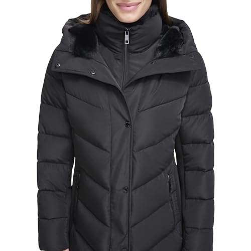 Calvin Klein Chaqueta acolchada larga con pechera para mujer, color negro