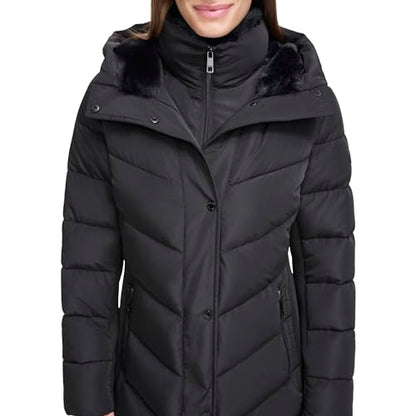 Calvin Klein Chaqueta acolchada larga con pechera para mujer, color negro