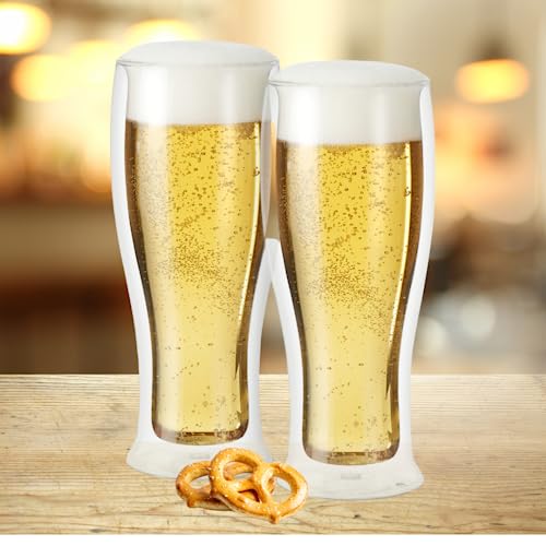 OGGI Beer Double Wall Insulated Glass Mug, Ideal for IPA ale lager stout pilsner, Beer Stays Cool Longer Even Outdoors, Visually Stunning, 14oz / 400ml, Set of 2