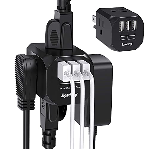 Extensor de enchufe de pared, divisor de salida SUPERDANNY con 4 tomas eléctricas y 3 puertos USB, cargador de cubo espaciado extra ancho, cargador de enchufe de pared aprobado para cruceros para el hogar, oficina, dormitorio, hotel, negro