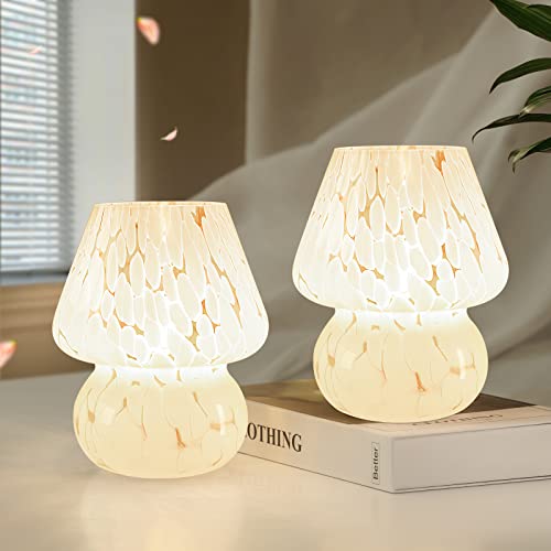 ONEWISH Linda lámpara de seta pequeña lámpara de mesita de noche, juego de 2, regulable, de cristal translúcido, lámpara de mesita de noche blanca para dormitorio, habitación de niños, sala de estar, cocina, regalo estético de Murano para decoración