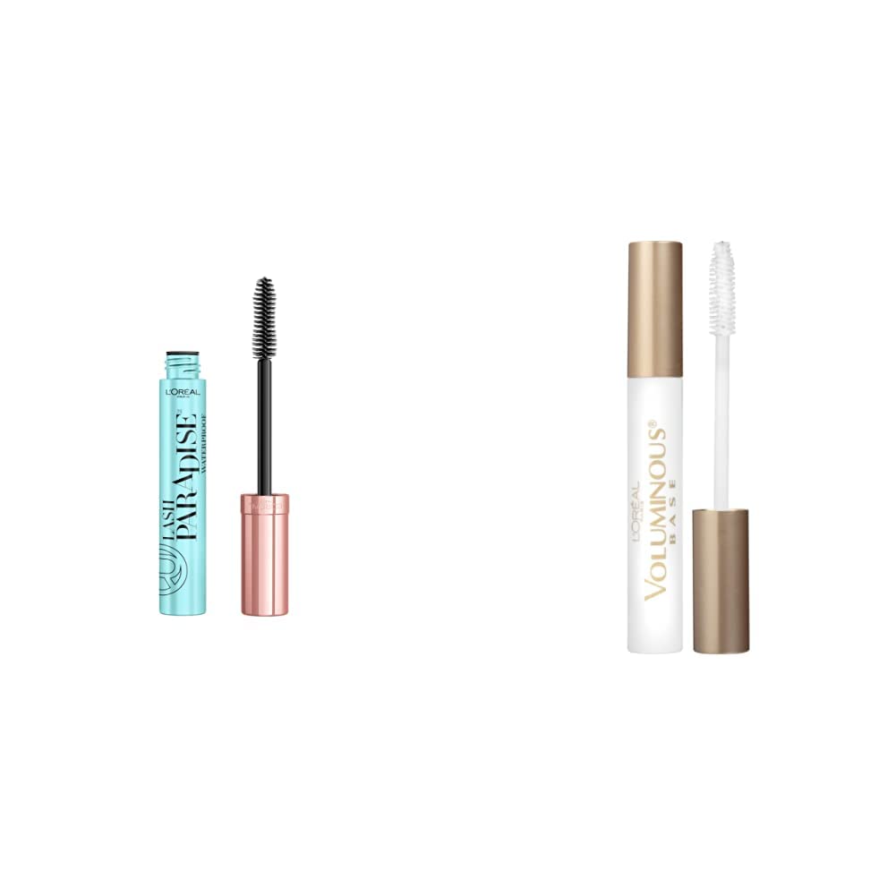 L'Oreal Paris Voluminous Lash Paradise Waterproof Mascara, Blackest Black, 0.25 Fl Oz (Pack of 1) & Makeup Voluminous Lash Boosting Conditioning Primer Mascara, White Primer, 0.24 fl; oz.