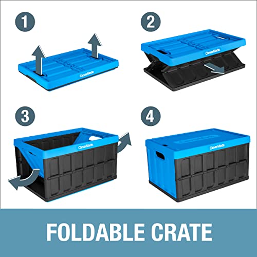 CleverMade Contenedores de almacenamiento plegables de 62 L con tapas - Cajas utilitarias apilables de plástico plegables, CleverCrates de pared sólida, paquete de 3, azul neptuno