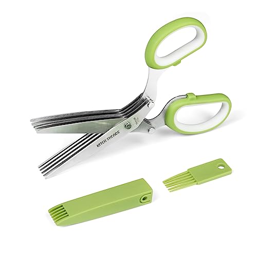 Kitchshears Tijeras para hierbas con 5 cuchillas y cubierta: tijeras para cortar hierbas de alta calidad, de acero inoxidable y fáciles de limpiar, tijeras para verduras resistentes para ensalada picada y carne picada, peine para hierbas BONUS