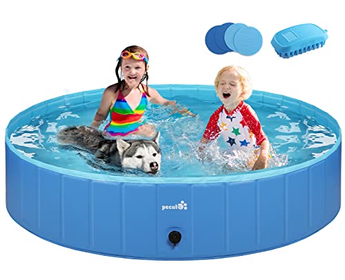 Pecute Piscina para perros plegable de 63 x 12 pulgadas, piscina portátil para niños de PVC duro, piscina multifuncional para piscina de perros, bañera antideslizante para mascotas con cepillo de baño adicional, ideal para viajes