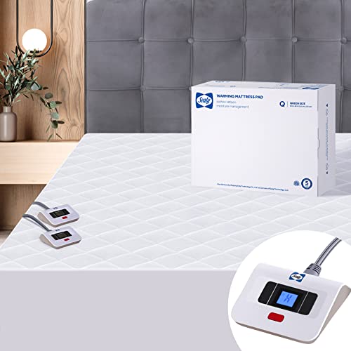 Sealy 3M Scotchgard Heated Mattress Pad | Quilted Cotton Electric Bed Warmer with 10 Heat Setting Dual Controller | 1-12 Hours Auto Shut Off | 17" Deep All Around Elastic Pocket, Queen