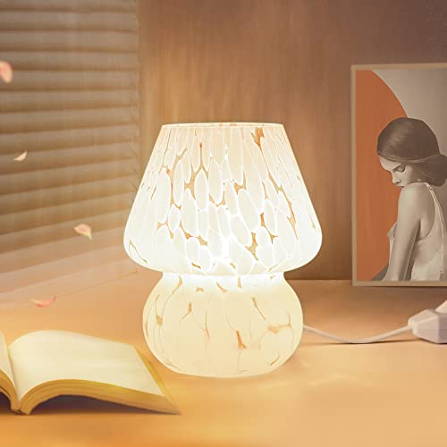 ONEWISH Linda lámpara de seta pequeña lámpara de mesita de noche, juego de 2, regulable, de cristal translúcido, lámpara de mesita de noche blanca para dormitorio, habitación de niños, sala de estar, cocina, regalo estético de Murano para decoración