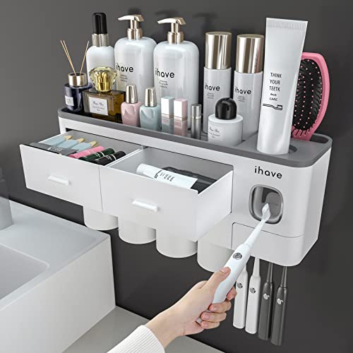 iHave Soporte para cepillos de dientes para baños, 4 tazas, soporte para cepillos de dientes montado en la pared con dispensador de pasta de dientes, bandeja de gran capacidad, 2 cajones para cosméticos, organizador de baño y juego de accesorios de baño