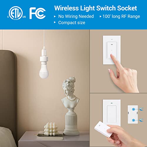 DEWENWILS Enchufe de luz con control remoto, interruptor de luz inalámbrico para lámparas de cadena de tracción, rango de 100 pies, no necesita cableado, lista ETL (1 controlador montado en la pared+1 base de bombilla, versión más corta)