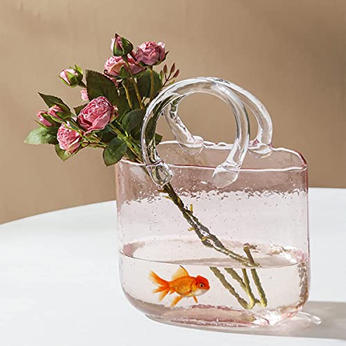 Hewego Jarrón de cristal para flores, jarrón rosa soplado a mano con burbujas en él, floreros rosas con asas, jarrón de cristal multifunción para decoración del hogar/dormitorio/oficina (color rosa)