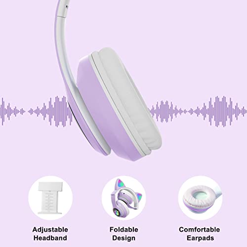 TOKANI Auriculares inalámbricos con micrófono, Bluetooth con orejas de gato para niños, adolescentes, adultos, niñas y mujeres (púrpura)