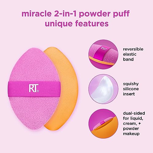 Real Techniques Miracle 2-In-1 Powder Puff, Dual-Sided, Full-Size Makeup Blending Puff, Reversible Elastic Band, Precision Tip Makeup Sponge & Powder Puff, For Liquid, Cream & Powder, 1 Count