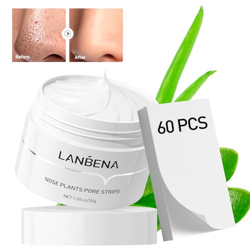 LANBENA Mascarilla para puntos negros con 60 tiras, mascarilla para eliminar puntos negros, mascarilla facial purificadora limpiadora de poros y plantas para la nariz (1,05 oz/30g)