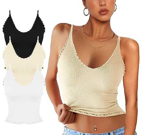 CHYRII Camisola básica acanalada para mujer, paquete de 3 camisetas sin mangas con cuello en V y volantes, color negro, blanco y beige S