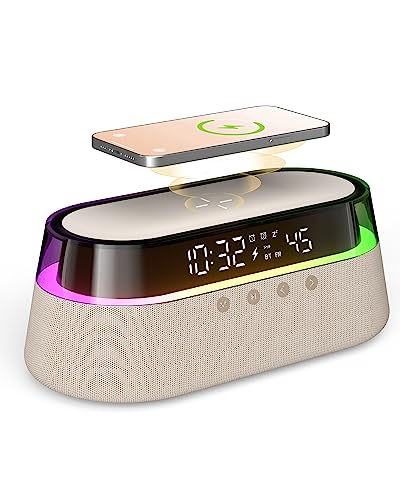 PRODUCTO 100 Reloj despertador digital 6 en 1, radio reloj de noche con carga inalámbrica rápida de 15 W, altavoz Bluetooth, alarma dual para personas que duermen mucho, radio FM, 12/24 horas y repetición, cargador USB, temporizador ], modo RGB