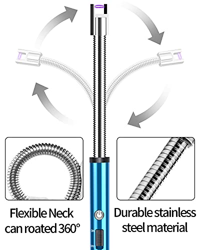 VEHHE Encendedor de velas, paquete de 2 encendedores eléctricos recargables con pantalla de batería LED, interruptor de seguridad, encendedor USB de cuello flexible para velas, camping, parrilla, estufas de gas, cocina (negro y azul)