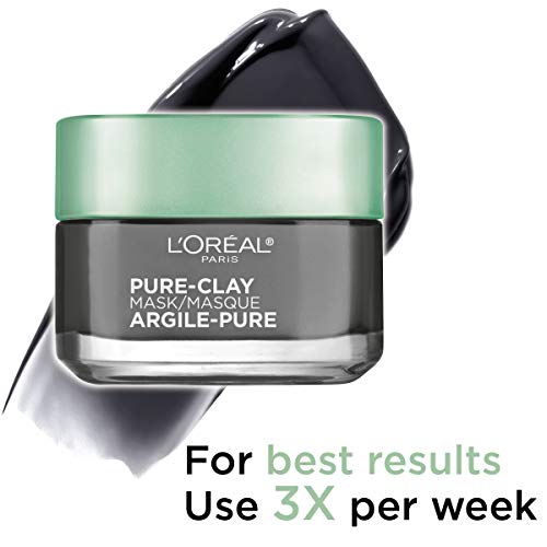 L'Oreal Paris Skincare Mascarilla facial de arcilla pura con carbón para piel apagada para desintoxicar e iluminar la piel, mascarilla de arcilla, mascarilla facial casera, 1.7 oz.