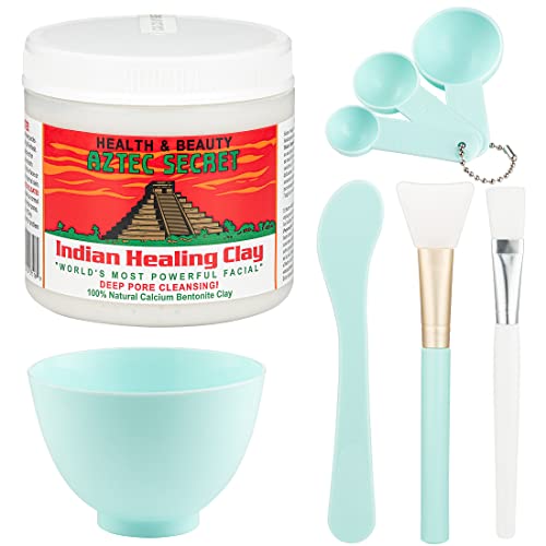 Aztec Secret 1 libra, arcilla curativa india original con un juego de cuencos para mezclar mascarilla facial, incluye polvo de arcilla de bentonita, espátula, cepillo, cucharas medidoras y más