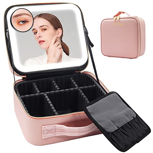 PRODUCTO 367 RRtide Bolsa de maquillaje con espejo iluminado LED, estuche de viaje para maquillaje, organizador de bolsa de cosméticos con espejo y luces, bolsa de maquillaje con espejo iluminado, tablero de cepillo divisor ajustable