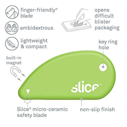 Slice Ceramic Blade, Safety Cutter Finger Friendly, Cuts Blister Packaging, Paper & Ideal for Outline Trims of Shapes or Coupons, 1 Pack, Green