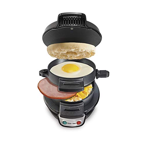 Hamilton Beach Sandwichera para desayuno con anillo para cocinar huevos, ingredientes personalizados, perfecta para muffins ingleses, croissants, mini gofres, elementos esenciales para el dormitorio, negro (25477)