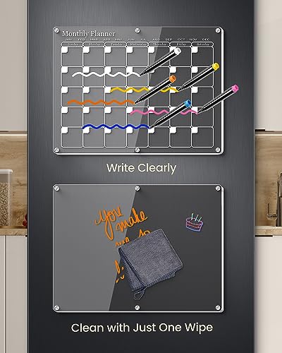 WONDAY Calendario magnético acrílico transparente para nevera, planificador y organizador mensual familiar, pizarra de borrado en seco con imán transparente para nevera, menú y pizarra blanca de planificación de comidas