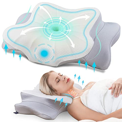 Almohada cervical para aliviar el dolor de cuello, espuma viscoelástica de contorno, almohada ortopédica ergonómica de apoyo para el cuello para personas que duermen de lado, boca arriba y boca abajo con funda \ trantamaño Queen, gris claro