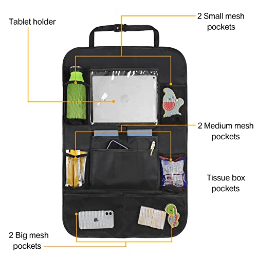 Organizador de almacenamiento para automóvil, 2 piezas, para asiento trasero, para niños, tela Oxford impermeable y duradera con soporte para tableta táctil, 8 bolsillos de malla y 2 bolsillos de almacenamiento para refrigerios, bebidas, juguetes,etc.