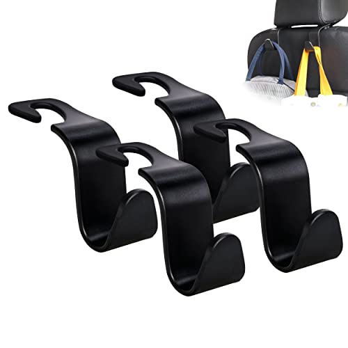 Amooca Gancho para reposacabezas de asiento de coche, paquete de 4 colgadores, organizador de almacenamiento universal para bolso, bolso, abrigo, ajuste universal para vehículo, coche, tipo S, color negro