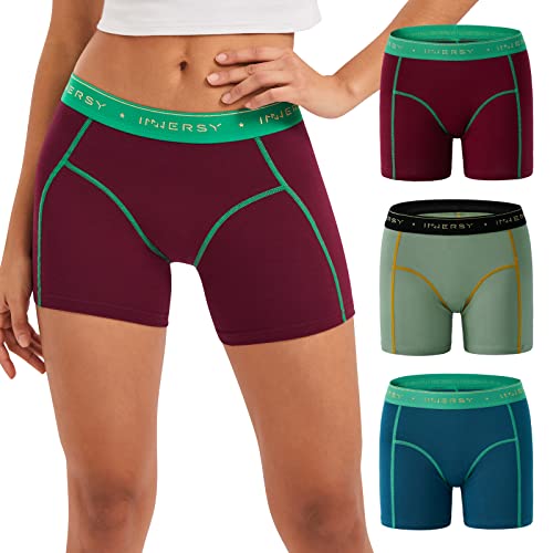 INNERSY Calzoncillos tipo bóxer de entrepierna de 4 pulgadas para mujer, calzoncillos de algodón, ropa interior para mujer, paquete de 3 (rojo retro y verde, grande)