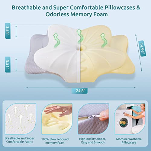 Almohada cervical para aliviar el dolor de cuello, espuma viscoelástica de contorno, almohada ortopédica ergonómica de apoyo para el cuello para personas que duermen de lado, boca arriba y boca abajo con funda \ trantamaño Queen, gris claro