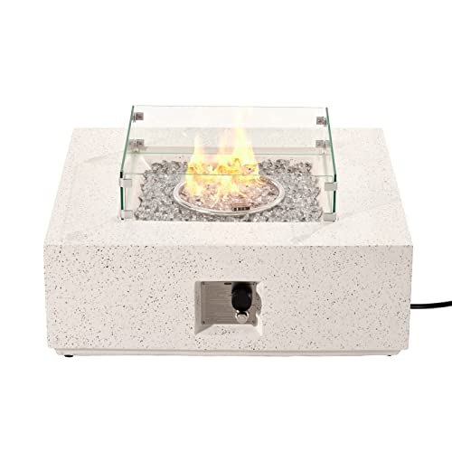 COSIEST Mesa cuadrada de propano para exteriores, base de maceta de piedra sintética blanca terrazo de 35 pulgadas, quemador de acero inoxidable de 50.000 BTU, vidrio de fuego gris transparente y cubierta para lluvia, tapa de metal