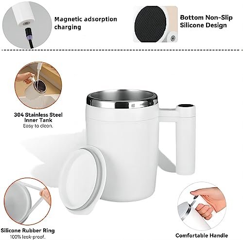 Taza de café con agitación automática, KittBaby, taza mezcladora magnética automática de acero inoxidable recargable para café, té, leche, cacao, taza mezcladora eléctrica blanca de 13 oz, el mejor regalo