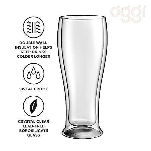 OGGI Beer Double Wall Insulated Glass Mug, Ideal for IPA ale lager stout pilsner, Beer Stays Cool Longer Even Outdoors, Visually Stunning, 14oz / 400ml, Set of 2