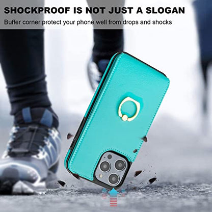 Folosu Compatible con iPhone 14 Pro Max Funda tipo cartera con tarjetero, soporte para anillo de dedo con rotación de 360°, bloqueo RFID, funda protectora de cuero con doble botón a prueba de golpes, 6,7 pulgadas, color verde