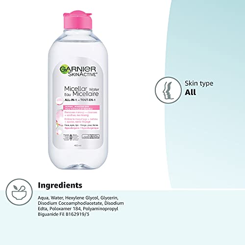 Garnier SkinActive agua micelar para todo tipo de piel, limpiador facial y desmaquillante, 13,5 onzas líquidas (400 ml), 1 unidad (el embalaje puede variar)