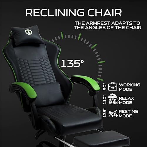 Titano Cobra Elite Silla para juegos con reposapiés, diseño cómodo con asiento acolchado de cuero, ruedas 360 con soporte para el cuerpo totalmente reforzado con acero, negro/verde