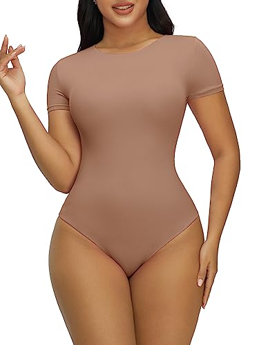 YIANNA Body de Manga Corta para Mujer Cuello Redondo Camiseta con Sensación de Segunda Piel Body Trajes Tops Tanga,YA5292-Sienna-M