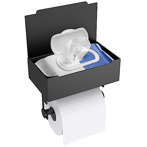 iHysuun Soporte de papel higiénico con estante, dispensador de toallitas desechables para almacenamiento de toallitas de baño, autoadhesivo o perforado, acero inoxidable, soporte para papel higiénico y toallitas para baño, negro mate