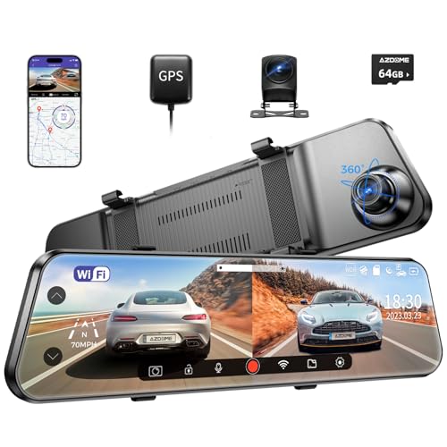 PRODUCTO 120 Cámara de espejo retrovisor WiFi, \espejo de 12 pulgadas, cámara dual 2.5K ] y cámara trasera 1080P para automóvil, tarjeta TF de 64 GB gratis, cámara de respaldo impermeable visión nocturna, asistencia de estacionamiento GPS