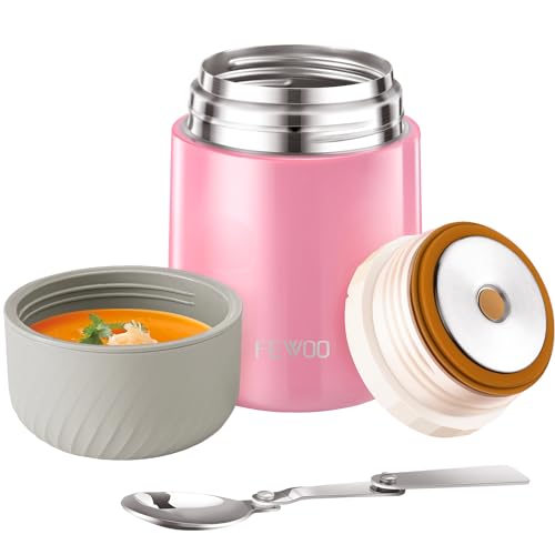 PRODUCTO 469 Termo para alimentos FEWOO - Contenedor de sopa aislado al vacío de 20 oz, lonchera de acero inoxidable para niños adultos, frasco de comida a prueba de fugas con cuchara plegable para alimentos fríos o calientes (rosa)