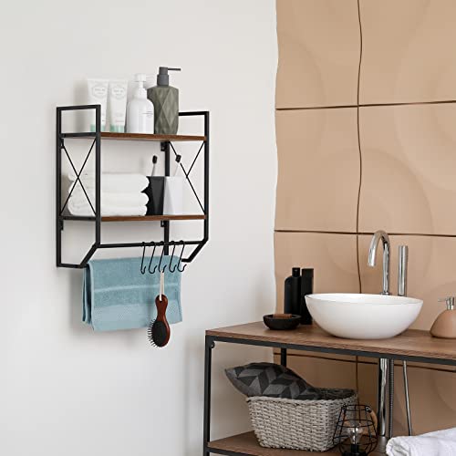 Toallero de baño, estante de pared de 2 niveles con barra para toallas, toallero rústico con estante para estantes de almacenamiento de pared con ganchos sobre estante de inodoro, estante para toallas montado en la pared, estantes flotantes para el hogar