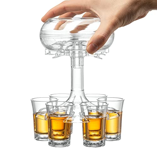 Mixt Shots 6 Shot Glass Dispenser and Holder, Acrylic, Multiple Shot Pourer with Stopper for Cocktail, Wine and Juice, College and Party Beverage Dispenser for Filling Liquids (Transparent)