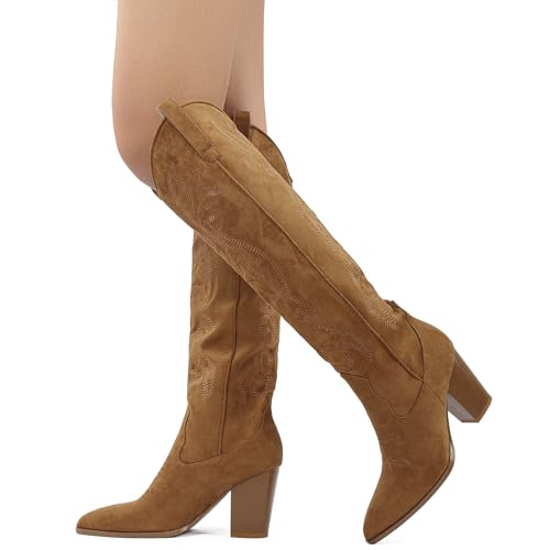 WIRALOMI Botas altas hasta la rodilla de vaquero bordadas para mujer de gamuza sintética con tacón de bloque grueso, botas altas hasta la rodilla occidental, botas de vaquera, botas de tacón alto