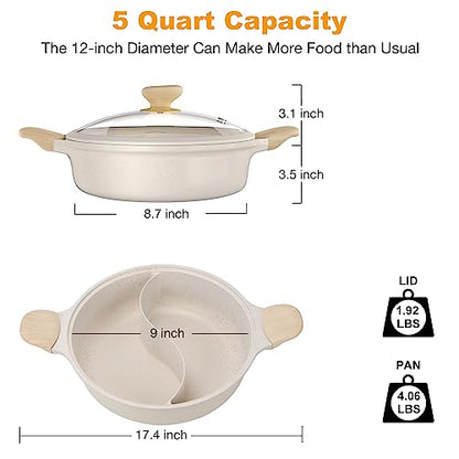 COOKER KING Olla caliente con divisor, olla antiadherente de 12 pulgadas, olla Shabu Shabu de doble sabor de 5 cuartos con 2 cucharones de sopa y tapa para estufa de gas con placa de inducción