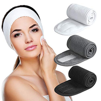 Denfany Spa Diadema, Paquete de 3, Ultra Suave, Ajustable, Diadema para Lavado de Cara, Tela de Rizo, Envoltura de Maquillaje elástica para Lavado de Cara, Ducha, Mascarilla Facial, Yoga (Negro + Blanco + Gris)