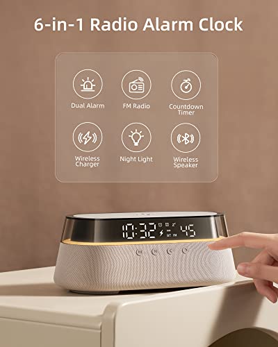 PRODUCTO 100 Reloj despertador digital 6 en 1, radio reloj de noche con carga inalámbrica rápida de 15 W, altavoz Bluetooth, alarma dual para personas que duermen mucho, radio FM, 12/24 horas y repetición, cargador USB, temporizador ], modo RGB